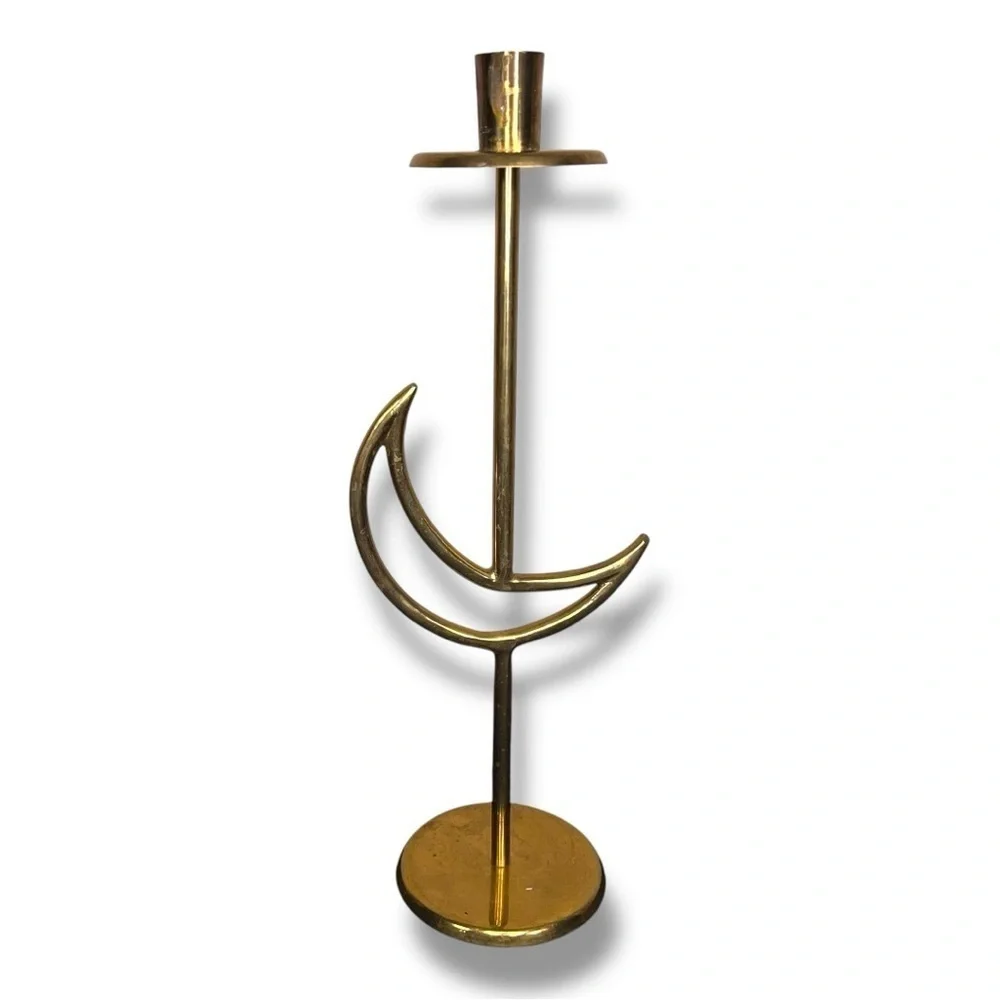 Vintage 90s Celestial Brass Moon Candlestick Goth Retro 14” Height
